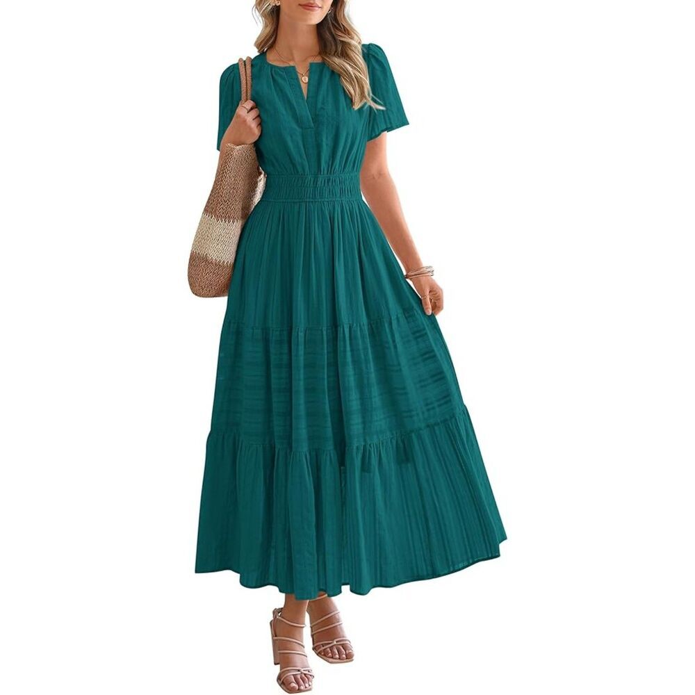 Women's Green V Neck Short Sleeve A Line Summer Casual Maxi Dress Pockets